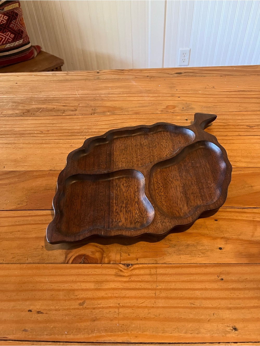Vintage Hand Carved Wood Japanese Leaf Shaped Tray
